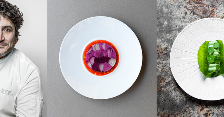 Le Chef Mauro Colagreco, 3 étoiles au Guide Michelin France depuis 2019 © Philip Ducap. Deux plats élaborés par le Chef dans son restaurant Mirazur © Matteo Carassale