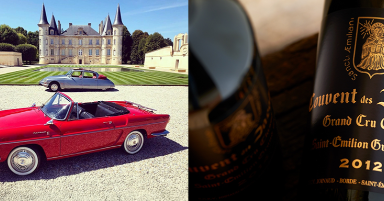 Voitures de collection © Bordeaux Classic Cars. Bouteilles de vin Couvent des Jacobins, Grand Cru Classé de Saint-Émilion © Serge Chapuis