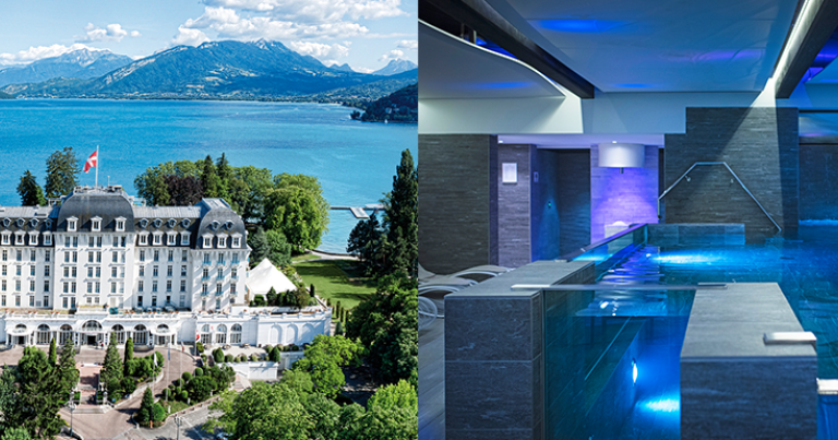 Vue aérienne de l’hôtel 4 étoiles Impérial Palace au bord du lac d’Annecy © Studio DGC. La piscine du Cristal Spa Annecy © Matthieu Cellard