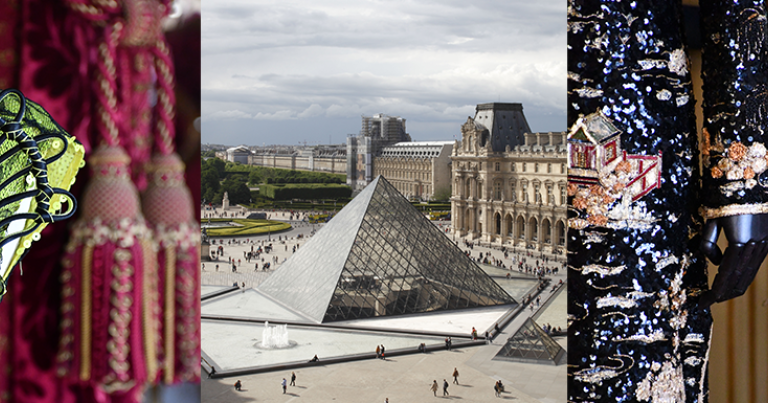 Exposition “Louvre Couture - Objets d’art, objets de mode” au musée du Louvre. À g., silhouette Jean Paul Gaultier. À d., silhouette Chanel © Musée du Louvre - Nicolas Bousser. Au centre, cour Napoléon avec Pyramide et perspective. Pyramide du Louvre : architecte I.M. Pei © 2017 Musée du Louvre - Antoine Mongodin.