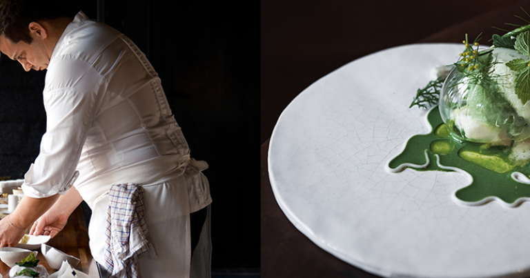 Le Chef Alexandre Gauthier dans son restaurant La Grenouillère, 2 étoiles au Guide Michelin 2025 © Jeanne Lozay. Un mets élaboré par le Chef © Marie-Pierre Morel