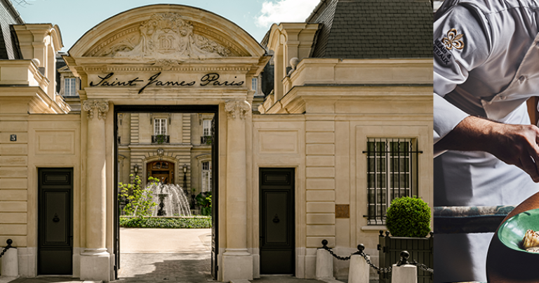 La façade de l’hôtel 5 étoiles, Relais & Châteaux, Saint James Paris © Saint James Paris. Le Chef Grégory Garimbay, à la tête du Bellefeuille, 1 étoile au Guide Michelin 2025, le restaurant de l’établissement.