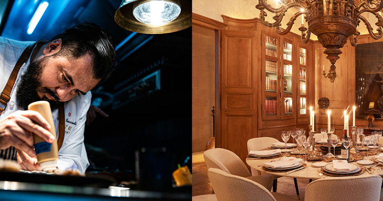 Le Chef Enrique Casarrubias, à la tête du restaurant Oxte à Paris, 1 étoile au Guide Michelin 2025 © Florian Domergue. Le luxueux salon de l'appartement privé où le Chef Enrique Casarrubias organise des dîners confidentiels © Adrien Dirand.