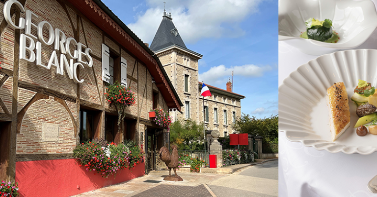 La façade du restaurant Georges Blanc, étoilé au Guide Michelin depuis 1929 © Georges Blanc. Le Suprême de Poularde maturée © Studio Co'