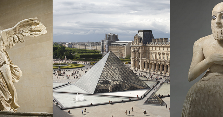 À g., Victoire de Samothrace, époque hellénistique, 1er quart du IIe siècle av. J.-C., Rhodes (?) © Musée du Louvre. Au centre, cour Napoléon avec Pyramide et perspective. Pyramide du Louvre : architecte I.M. Pei © 2017 Musée du Louvre - Antoine Mongodin. À d., Nu-banda Ebih-Il, dynastique archaïque IIIB (vers 2400 av. J.-C.), Mari, temple d’Isthtar © Musée du Louvre, Département des Antiquités orientales.