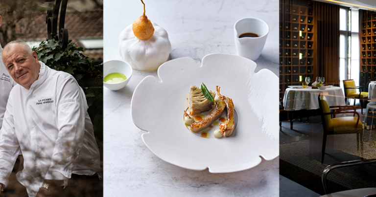 Le Chef Patrick Henriroux, à la tête du restaurant La Pyramide, 2 étoiles au Guide Michelin 2025, pose au côté du Chef exécutif David Castagnet © Thierry Vallier. Un mets de La Pyramide © Cherrystone. La salle du restaurant © Jean-Marc Palisse.