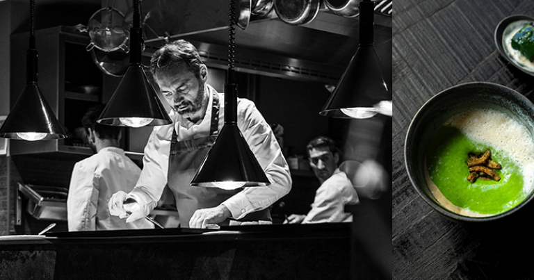Le Chef Christophe Aribert, 2 étoiles au Guide Michelin 2025 © Anne-Emmanuelle Thion. Un mets préparé par le Chef et sa brigade © Pam Studio