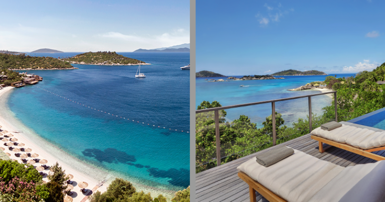 À g., le Mandarin Oriental, Bodrum, hôtel 5 étoiles en Turquie © Mandarin Oriental. À d., le Six Senses Zil Pasyon, hôtel 5 étoiles sur l’île de la Félicité aux Seychelles © Six Senses Zil Pasyon