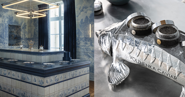 La sky room de l’appartement privé de la Maison Volzhenka à Paris © Oskar Proctor - Un assortiment de caviars Volzhenka © Yann Deret